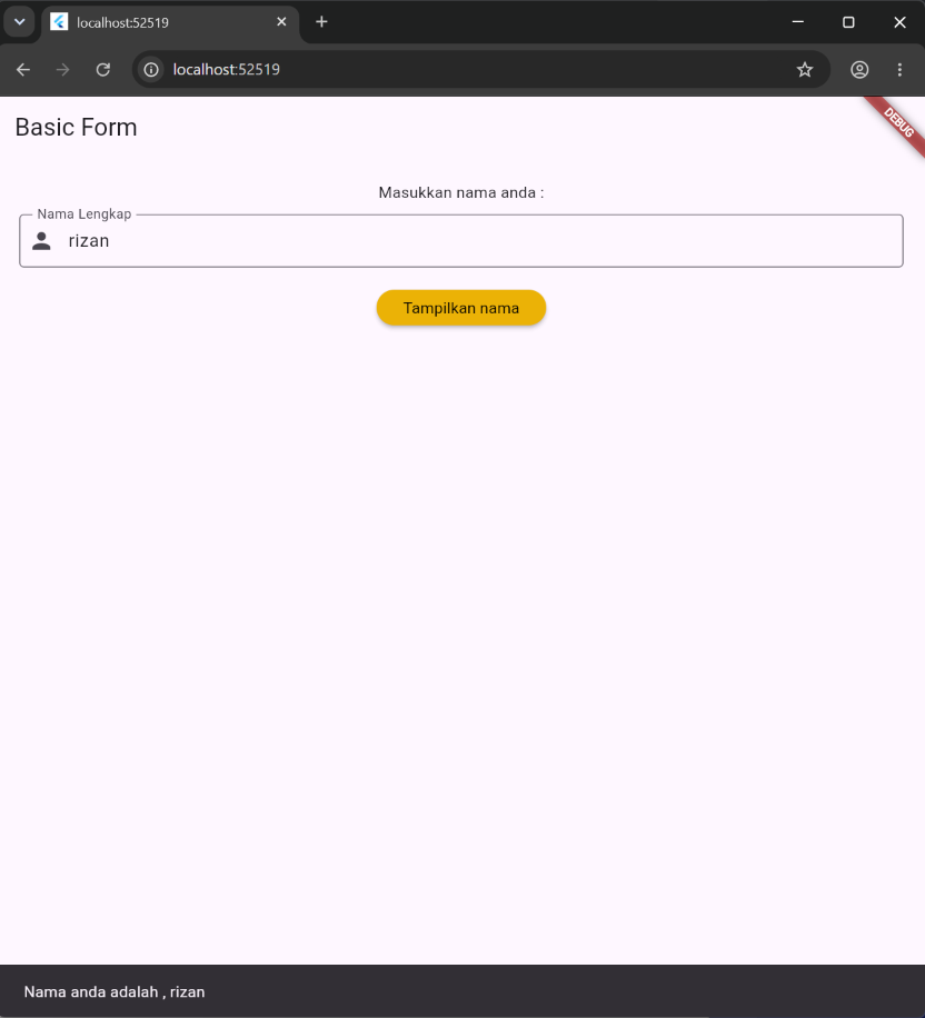  Hasil Akhir Basic Form TextField Setelah Dijalankan