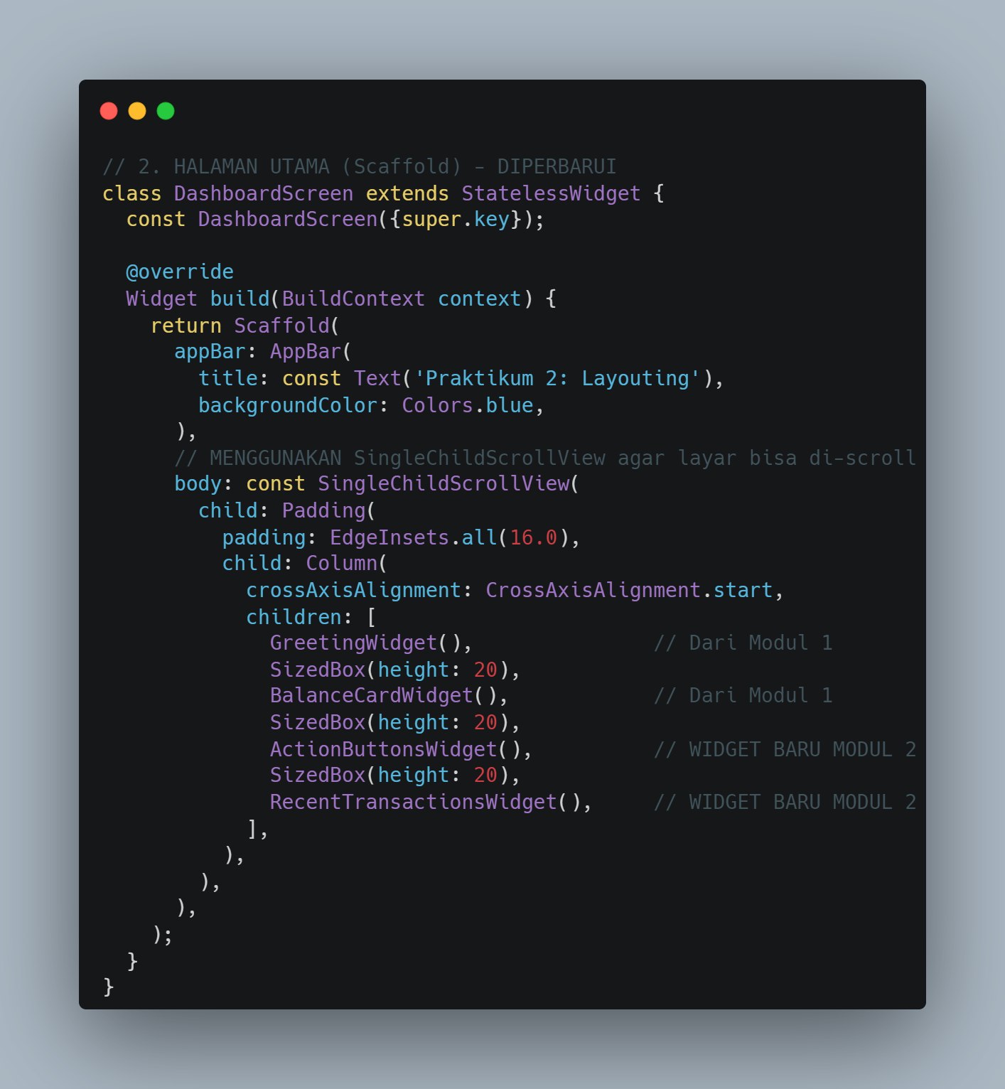 Kode Program: Integrasi SingleChildScrollView pada DashboardScreen
