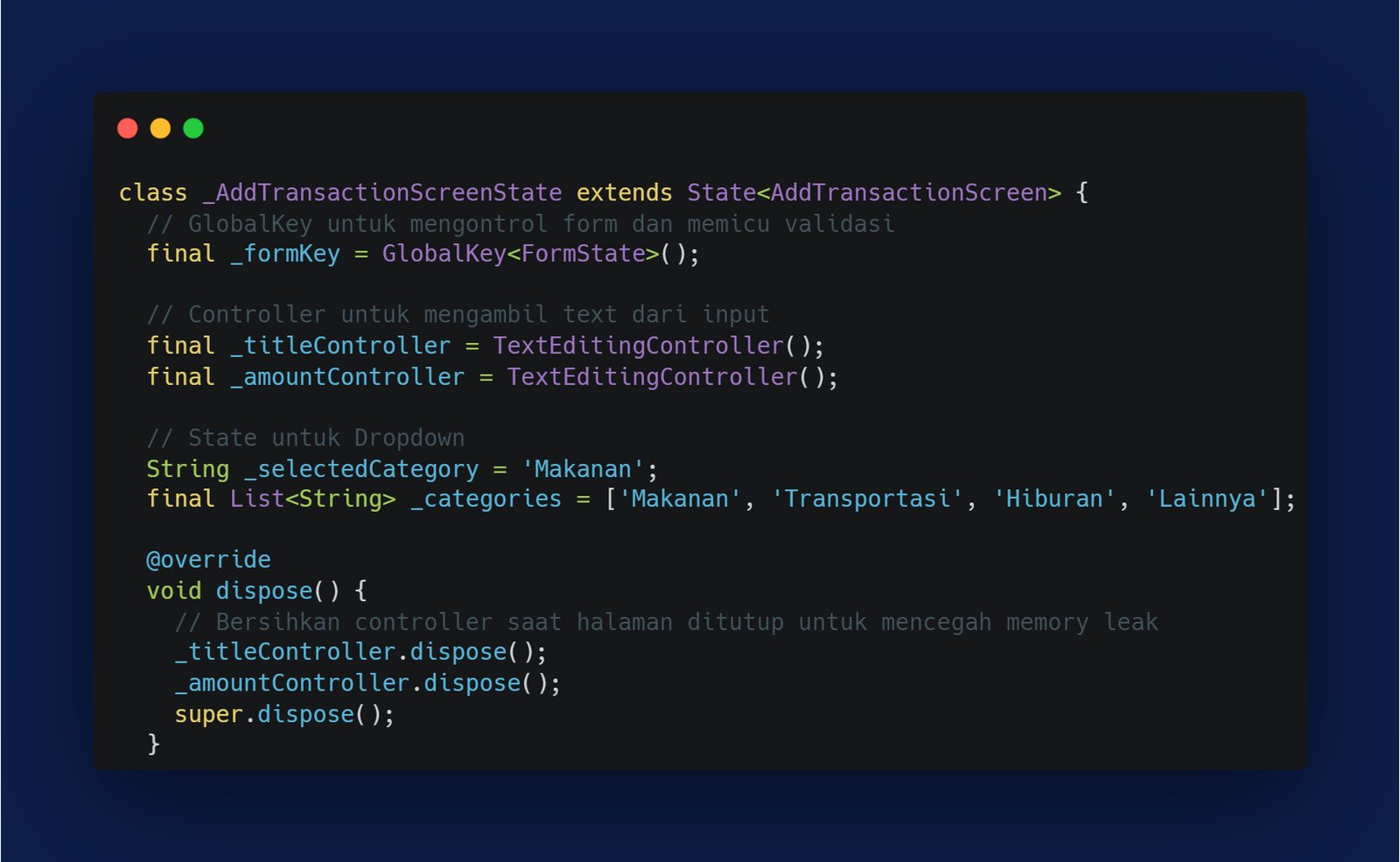 Kode Program: Struktur _AddTransactionScreenState