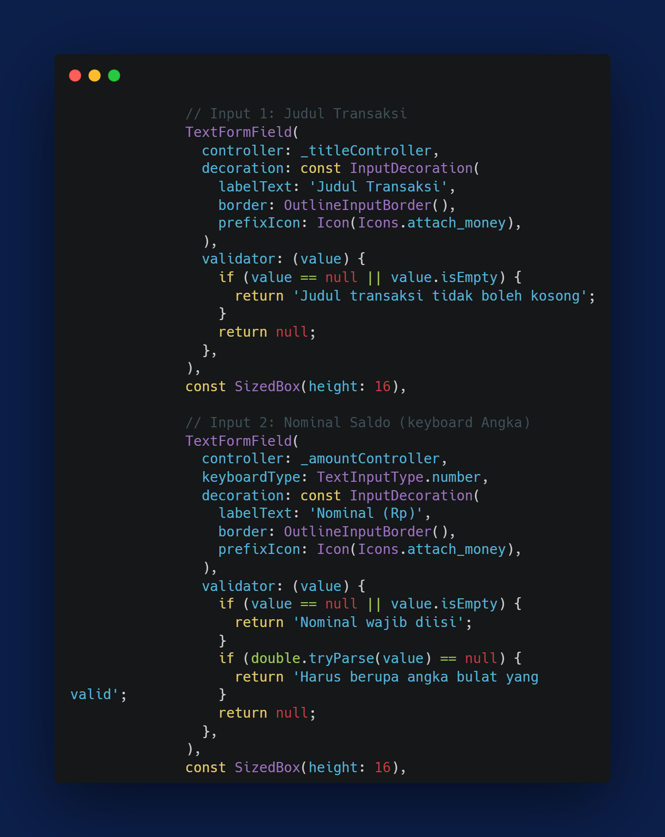 Kode Program: TextFormField Judul dan Nominal Transaksi