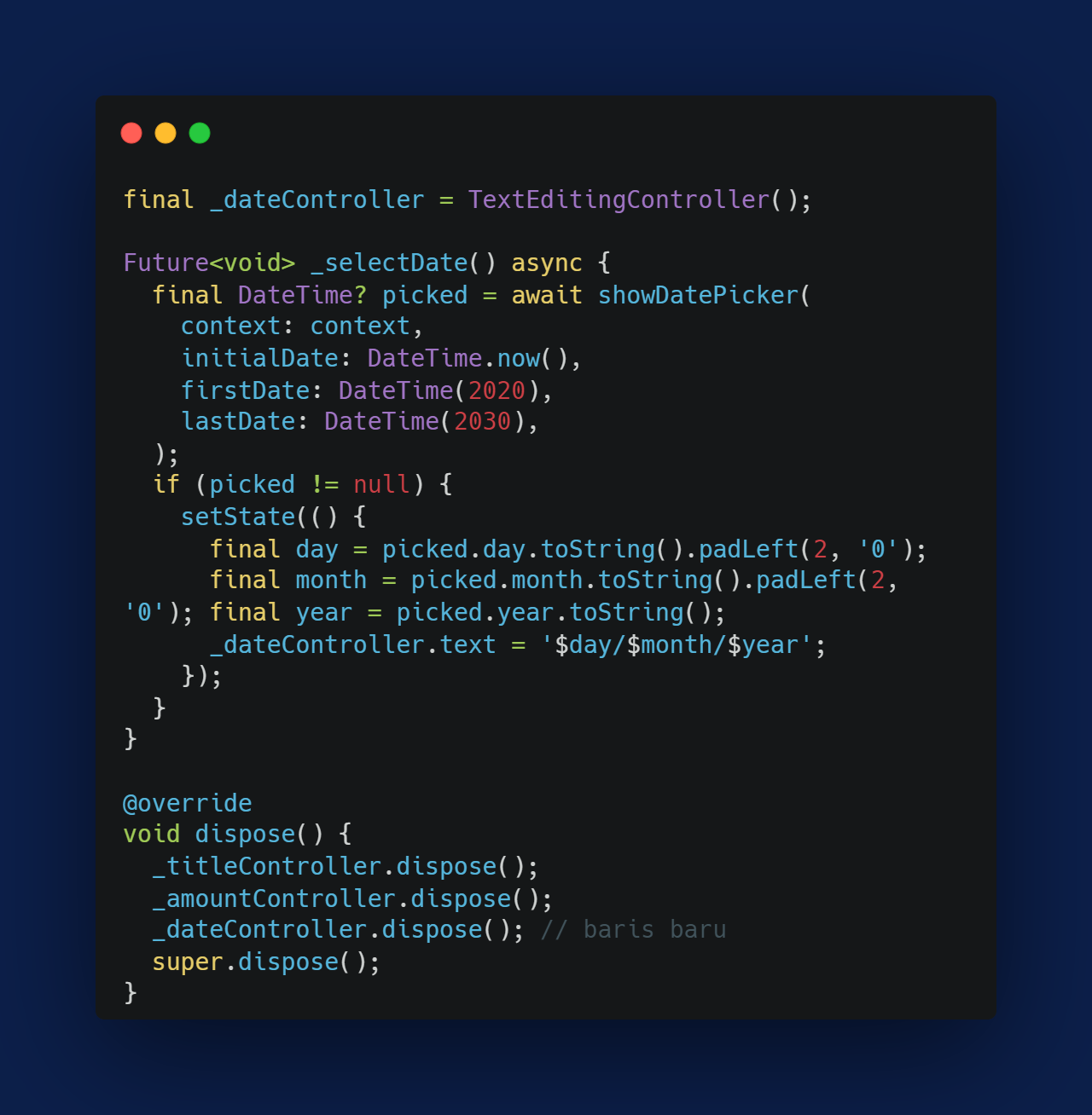 Kode Program: Controller dan Fungsi _selectDate