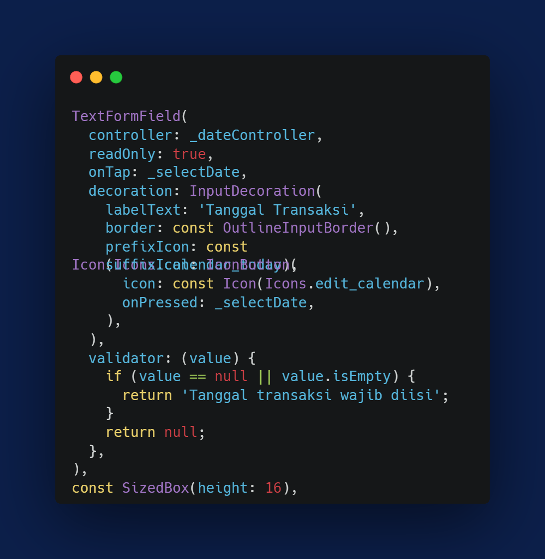 Kode Program: TextFormField Tanggal Transaksi