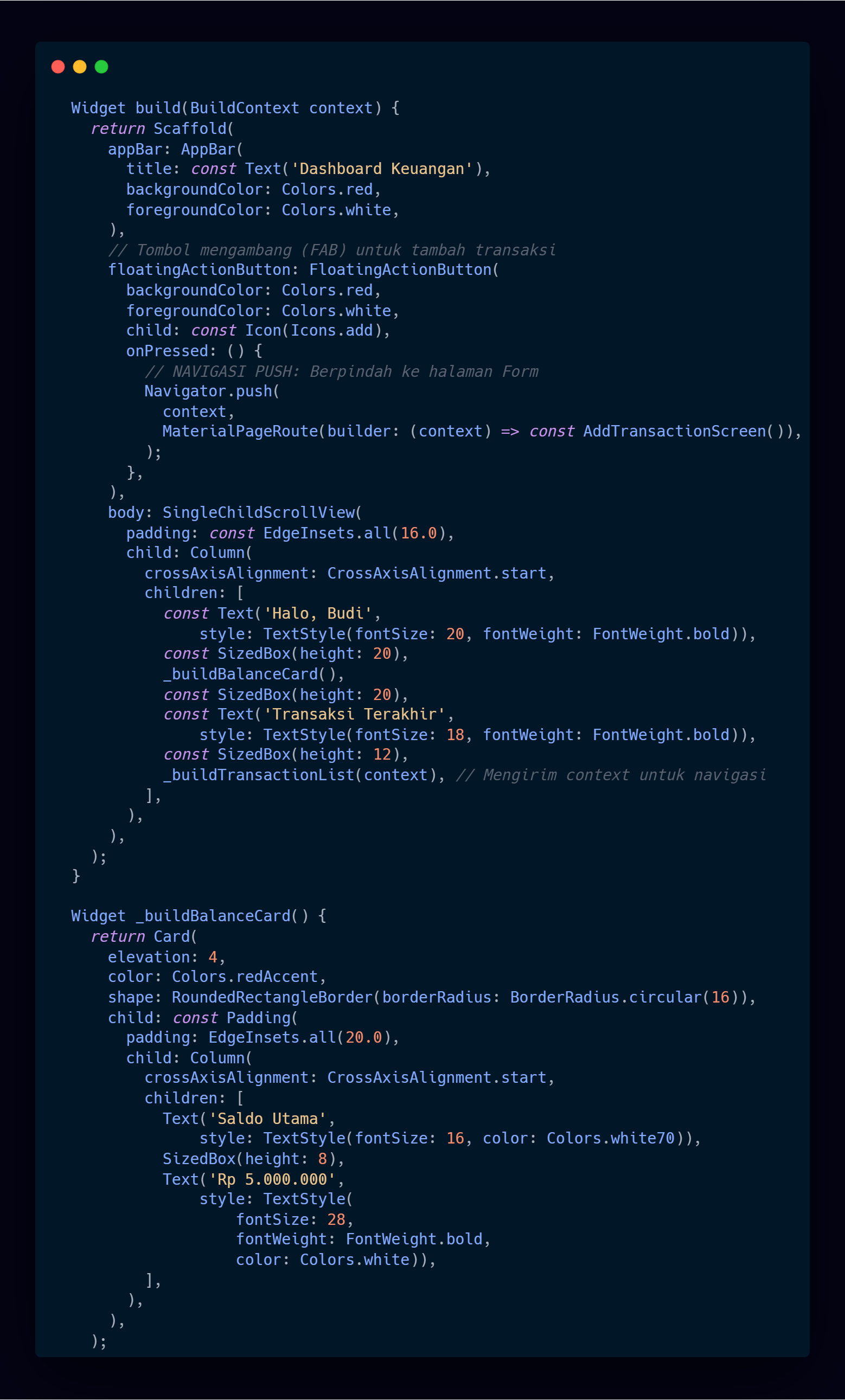 Kode Program: Scaffold DashboardScreen dan _buildBalanceCard