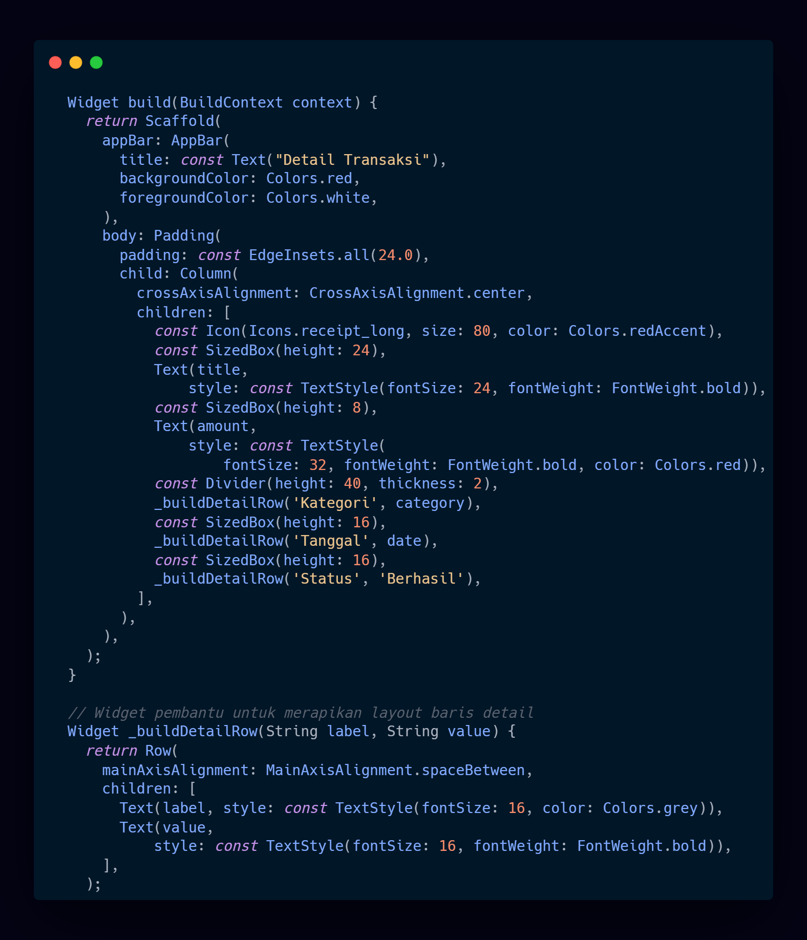 Kode Program: Method build dan _buildDetailRow pada TransactionDetailScreen