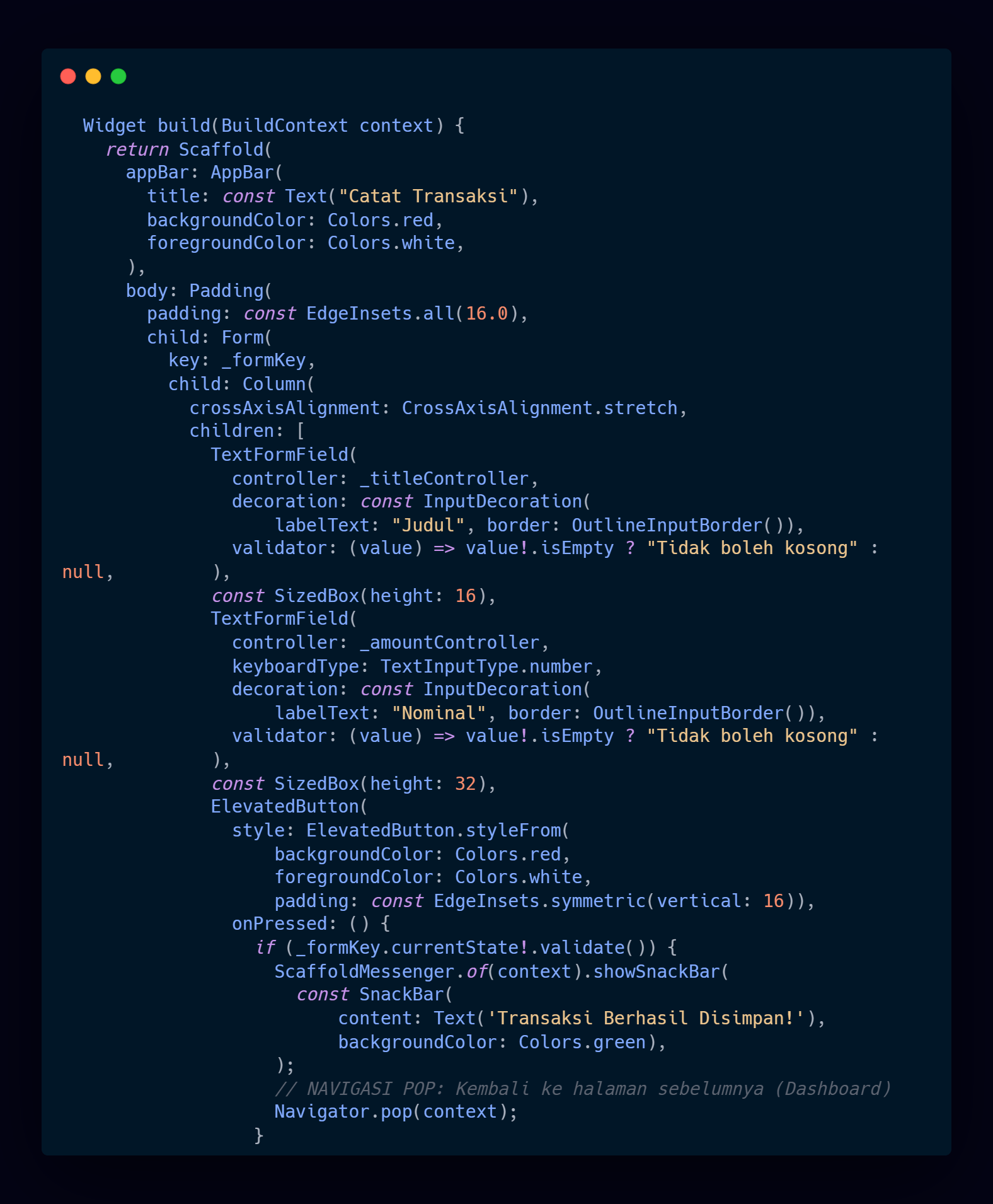 Kode Program: AddTransactionScreen dengan Navigator.pop
