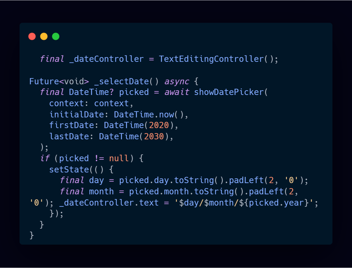 Kode Program: Controller dan Fungsi _selectDate