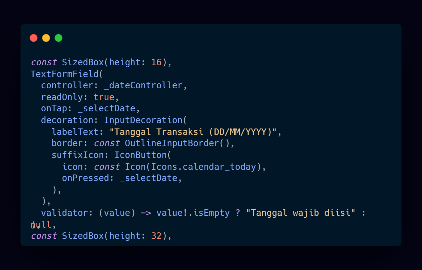 Kode Program: TextFormField Tanggal Transaksi