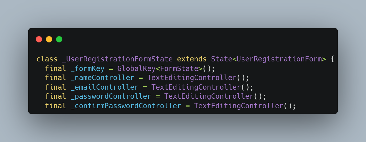  Kode Program: Deklarasi GlobalKey dan Controller pada user_registration_form.dart