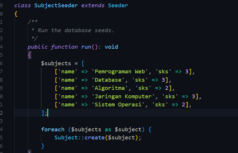 Kode Subject Seeder